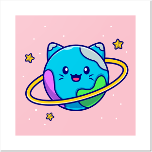 Cute Cat Planet Cartoon Posters and Art